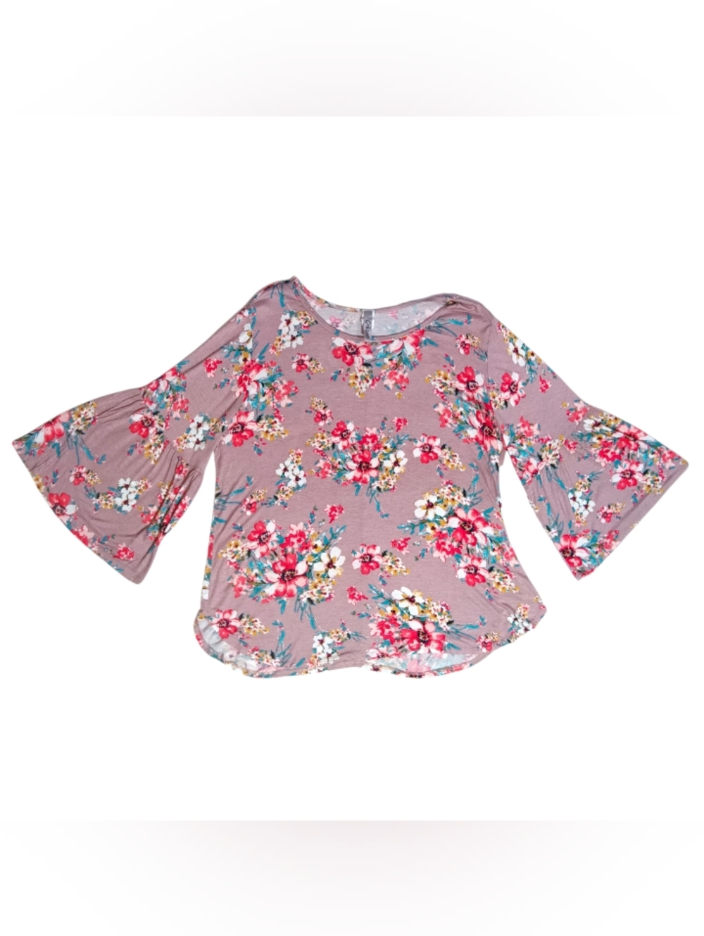 Crepas Floral Bell Sleeve Top in Mauve Pink 2X Plus
